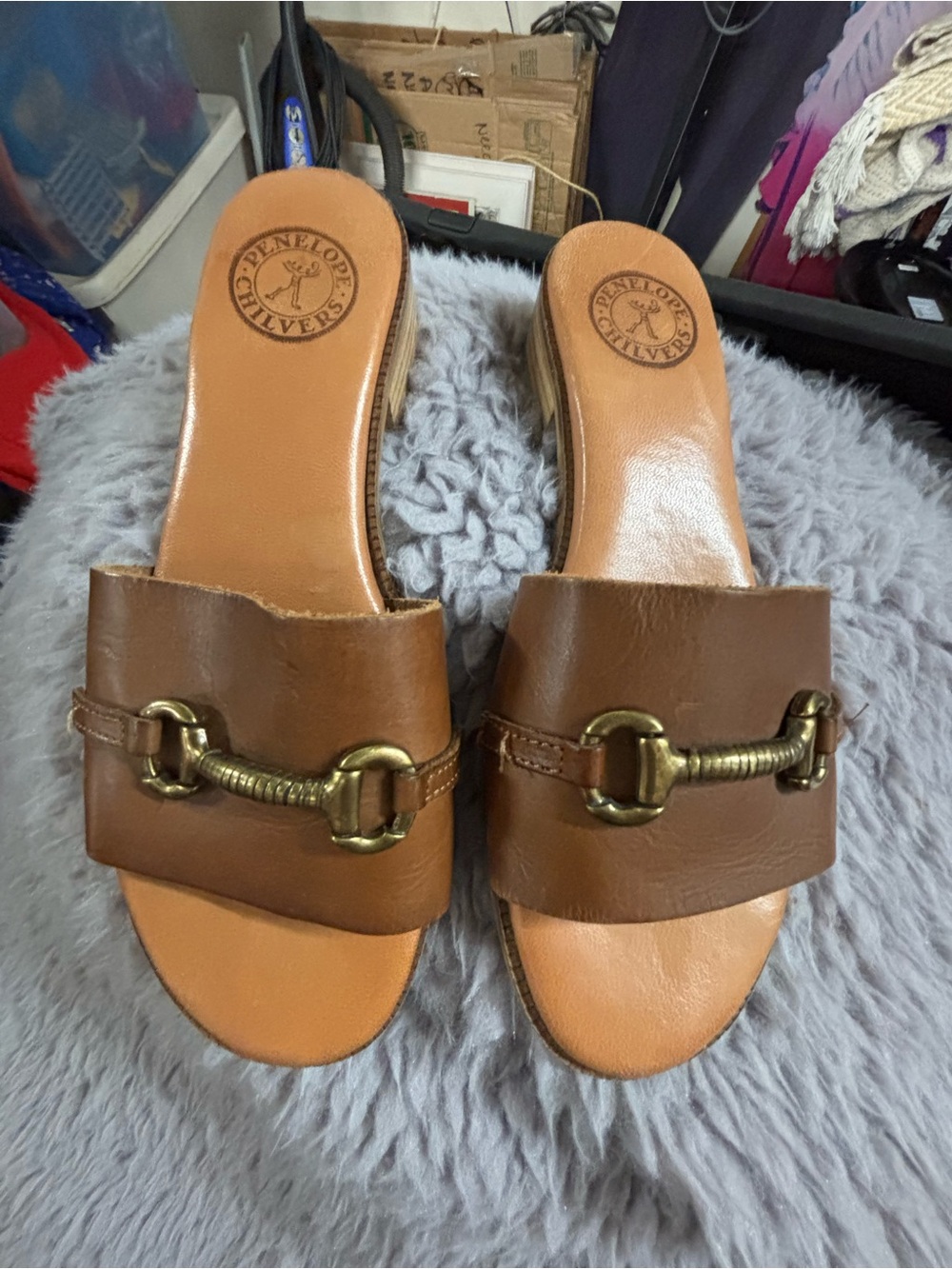 Penelope Chilvers Brown Leather Slip-On Mules with Bridle Bit Detail